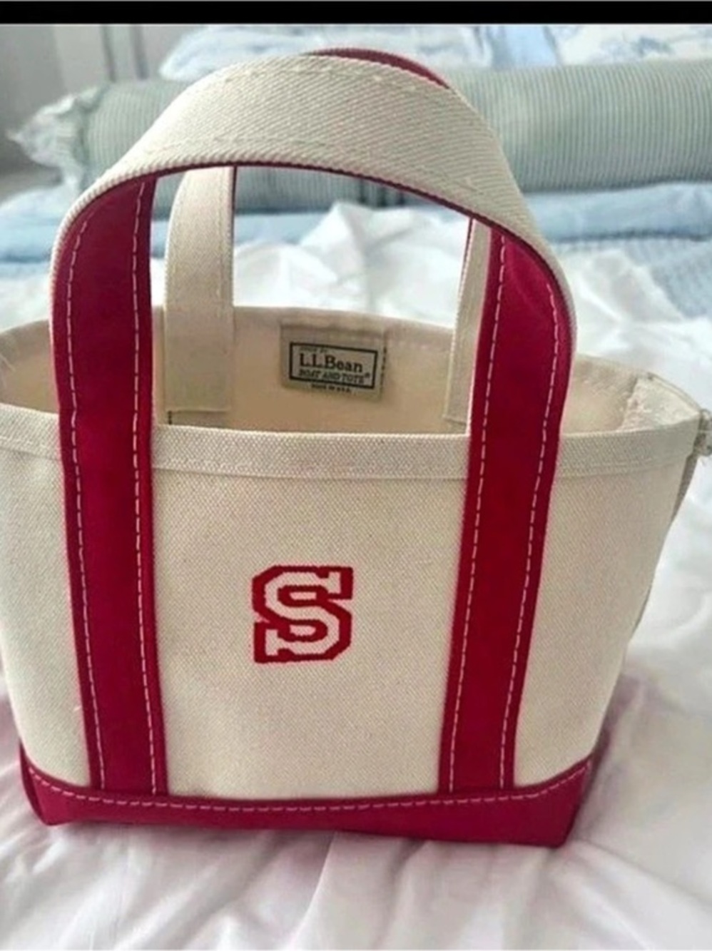 L.L.Bean Boat and Tote Mini Canvas Tote in White & Red